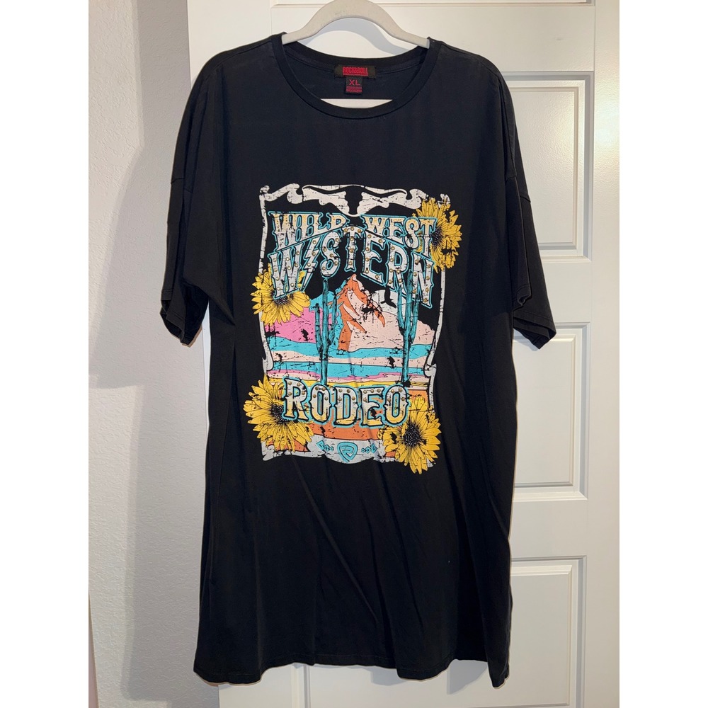 Rock and Roll Denim Wild West Western Rodeo Graphic T-Shirt Dress Black XL